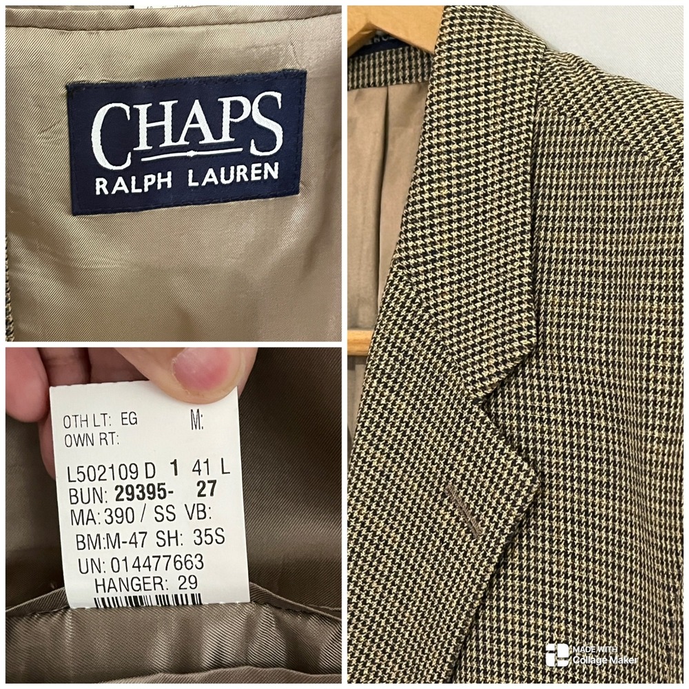Chaps Ralph Lauren Blazer Mens 41L Brown Houndstooth Silk Wool Classic Fit VTG